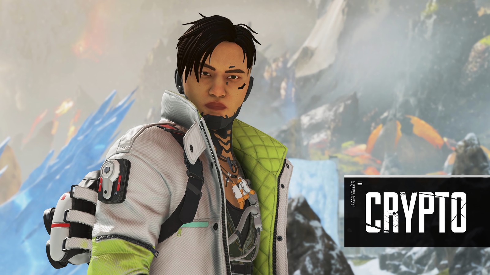 Close de uma pessoa em um paletó branco e verde (cripto, apex legends, jogo de vídeo, temporada 3, season 3)