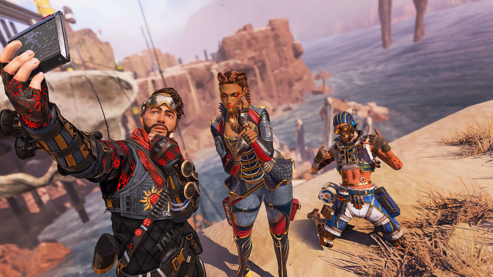 A man taking a picture of a group of people in a desert (apex legends, video game, mirage, loba, octane)