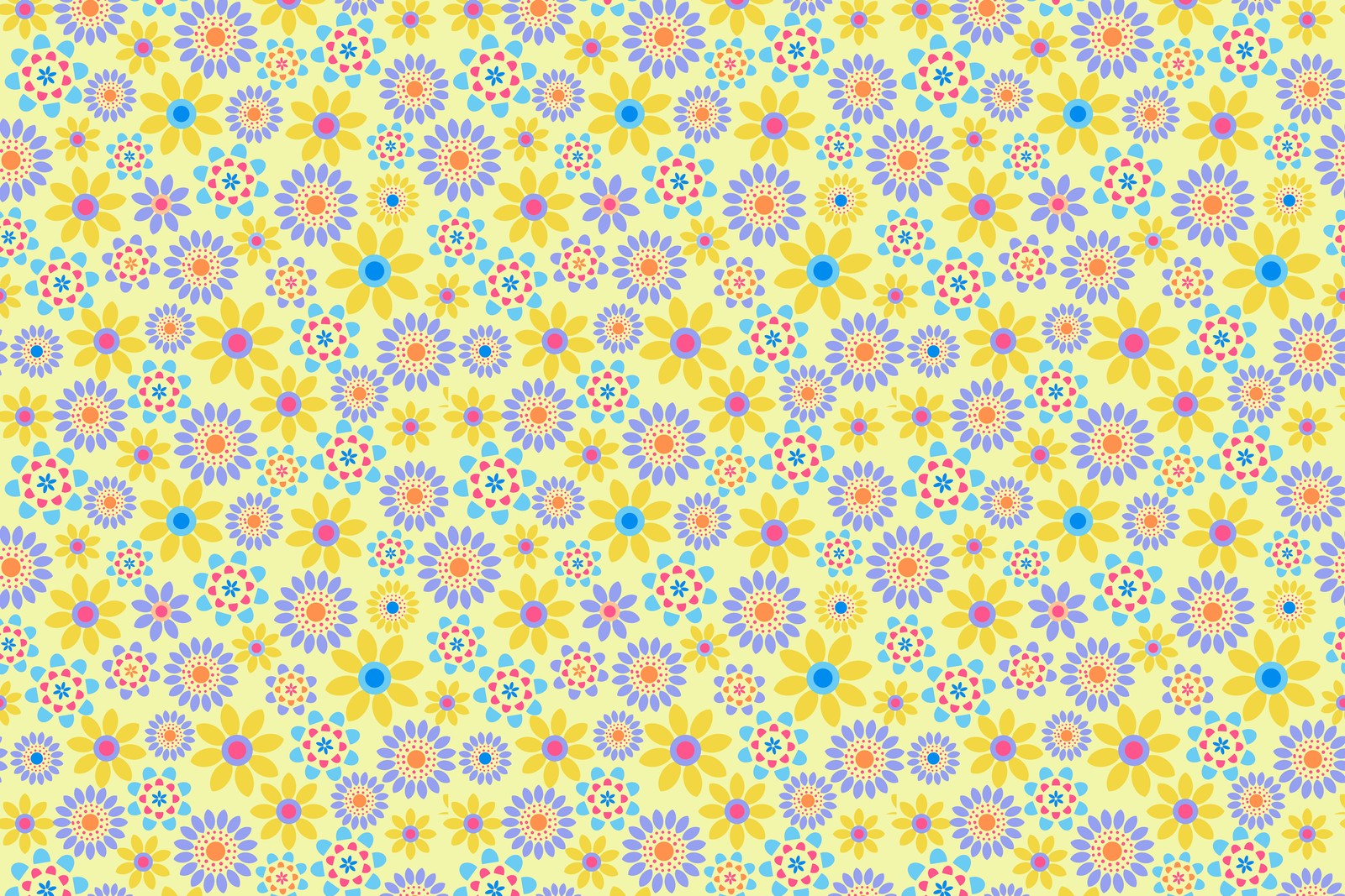 A yellow background with colorful flowers and dots (vector graphics, texture, yellow, pattern, textile)