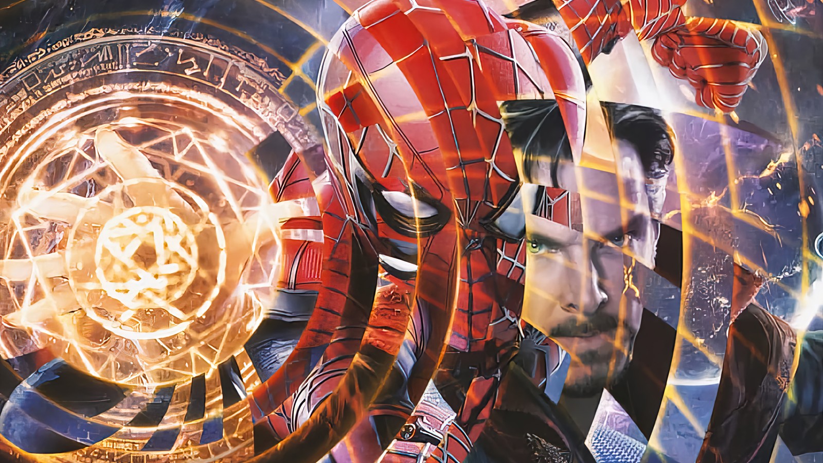 Un gros plan de spider-man avec un orbe lumineux en arrière-plan (spider man pas de chemin à la maison, spider man no way home, 2021, marvel, spiderman)