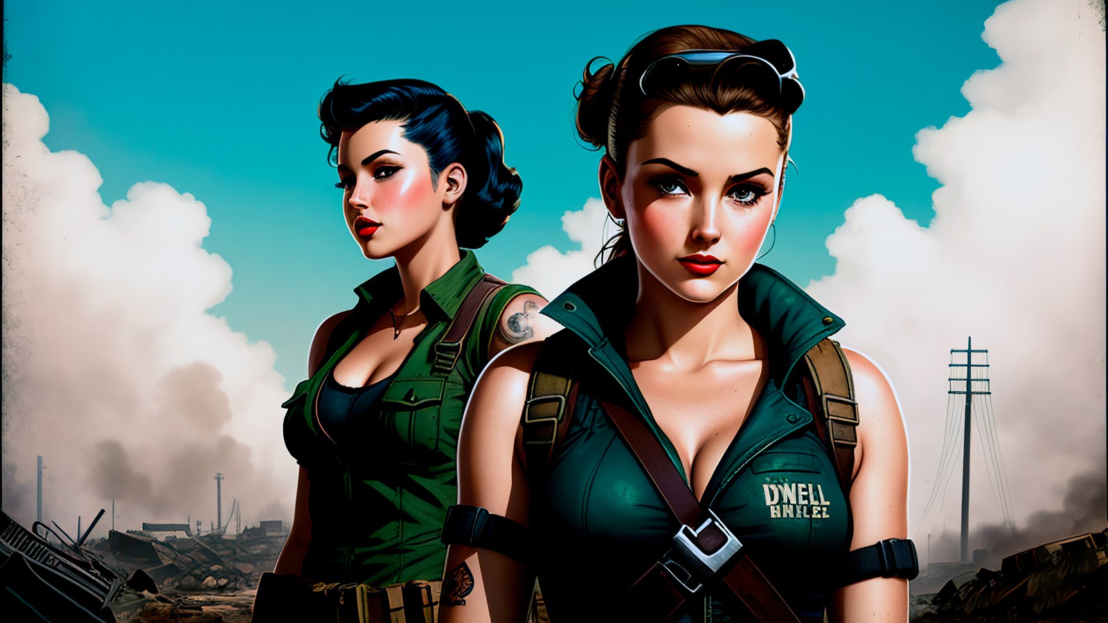 Duas mulheres em uniforme militar em uma área desértica (mulher, arte de ia, ai art, vintage, apocalipse)