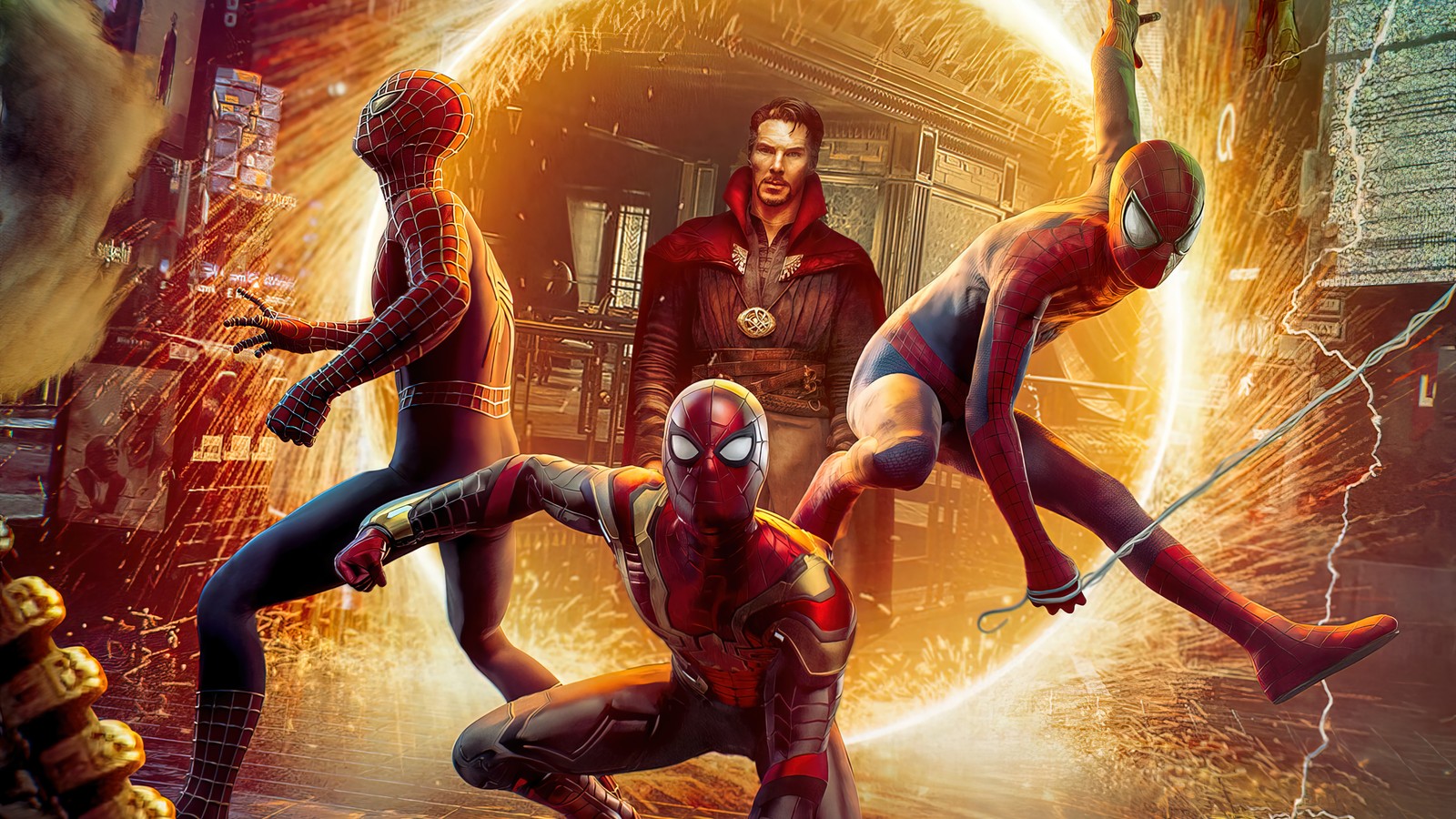 Un groupe de super-héros dans une ville avec un anneau de feu (doctor strange, spider man pas de chemin à la maison, spider man no way home, 2021, marvel)