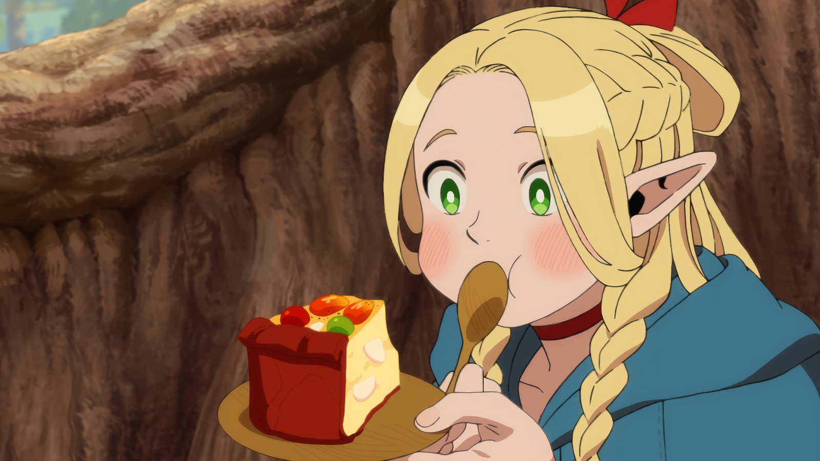 Ein blondhaariges mädchen mit grünen augen isst ein stück kuchen (leckeres dungeon, anime, netflix, marcille donato)