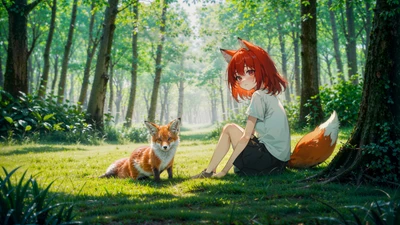 A girl with fox ears sits beside a fox in a sunlit forest clearing.