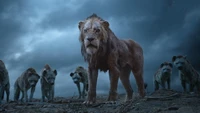 Scar confronts a pack of hyenas in a dark, ominous setting.