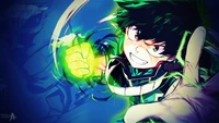 Izuku Midoriya unleashes his power in a vibrant display of determination and heroism.