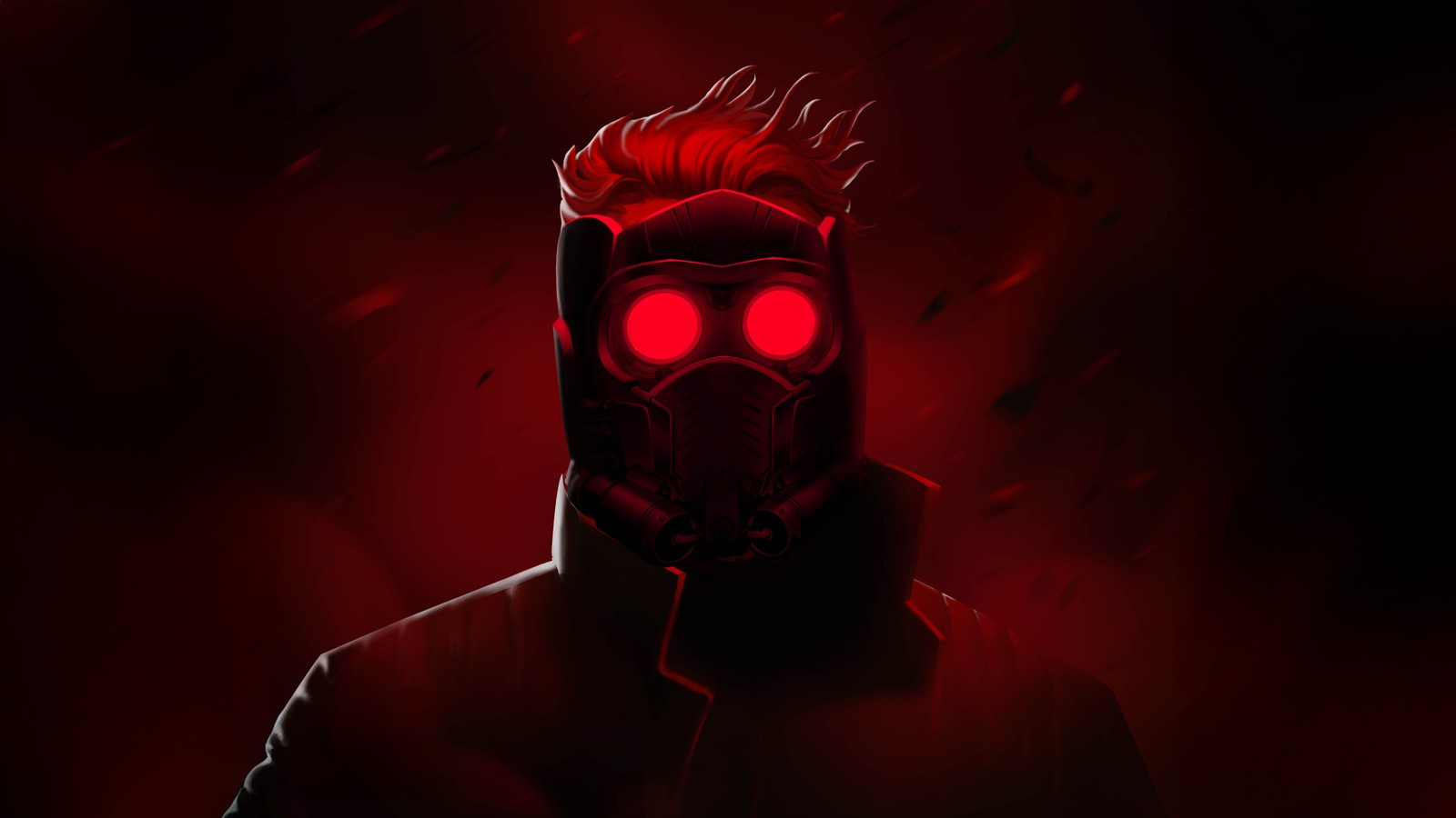 Un hombre con una máscara de gas y luces rojas en su rostro (star lord, estética roja, fondo rojo, superhéroes de marvel, marvel superheroes)