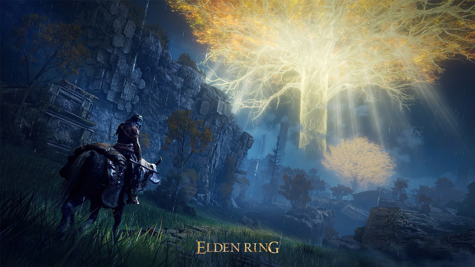 A close up of a person riding a horse in a field (elden ring, video game, tree)