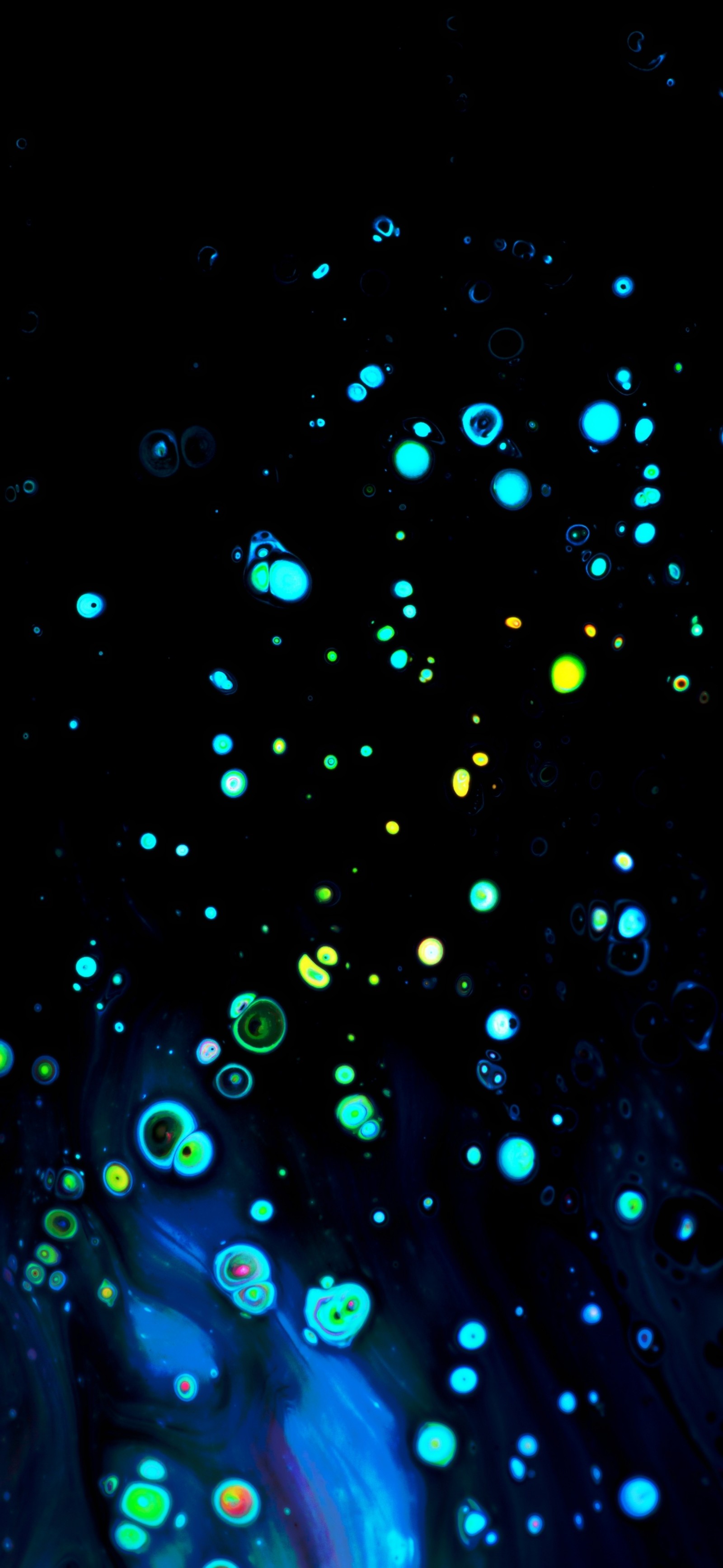 There are many bubbles floating in the air on a black background (light, illustration, 2021, liquid, water)