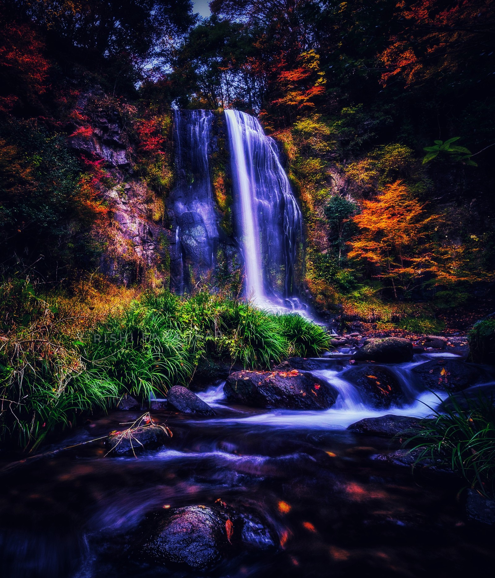 A close up of a waterfall in a forest with a lot of trees (blue, natural, nature, red, rishipb)