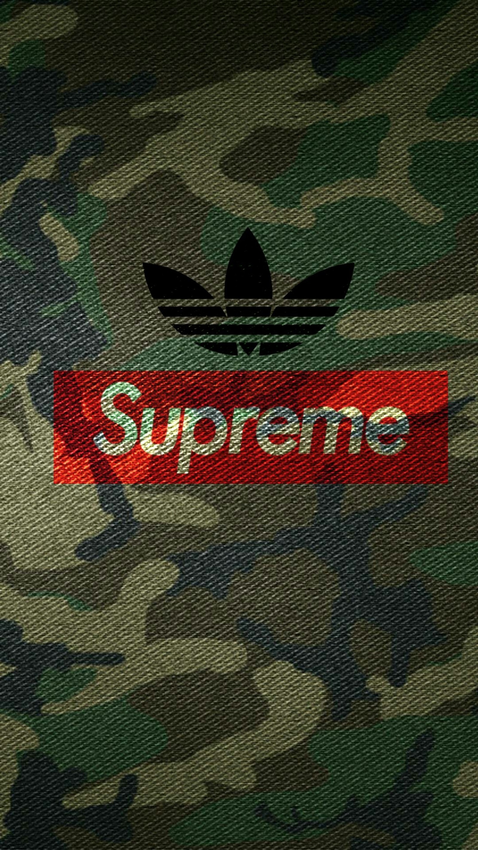 Logo de supreme en un fondo de camuflaje con una franja roja (camuflaje, supreme)