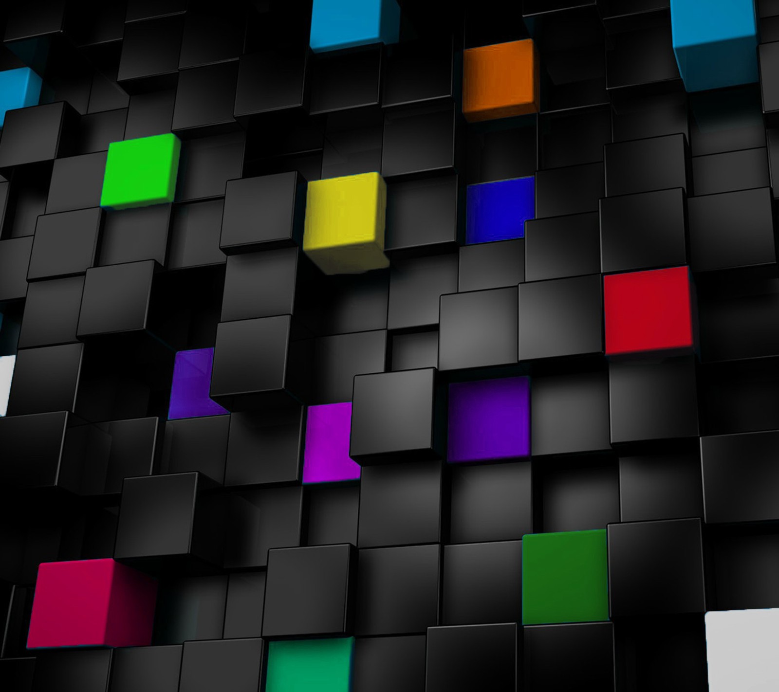 A close up of a bunch of cubes with different colors (3d, color, cube, rainbow, walls)