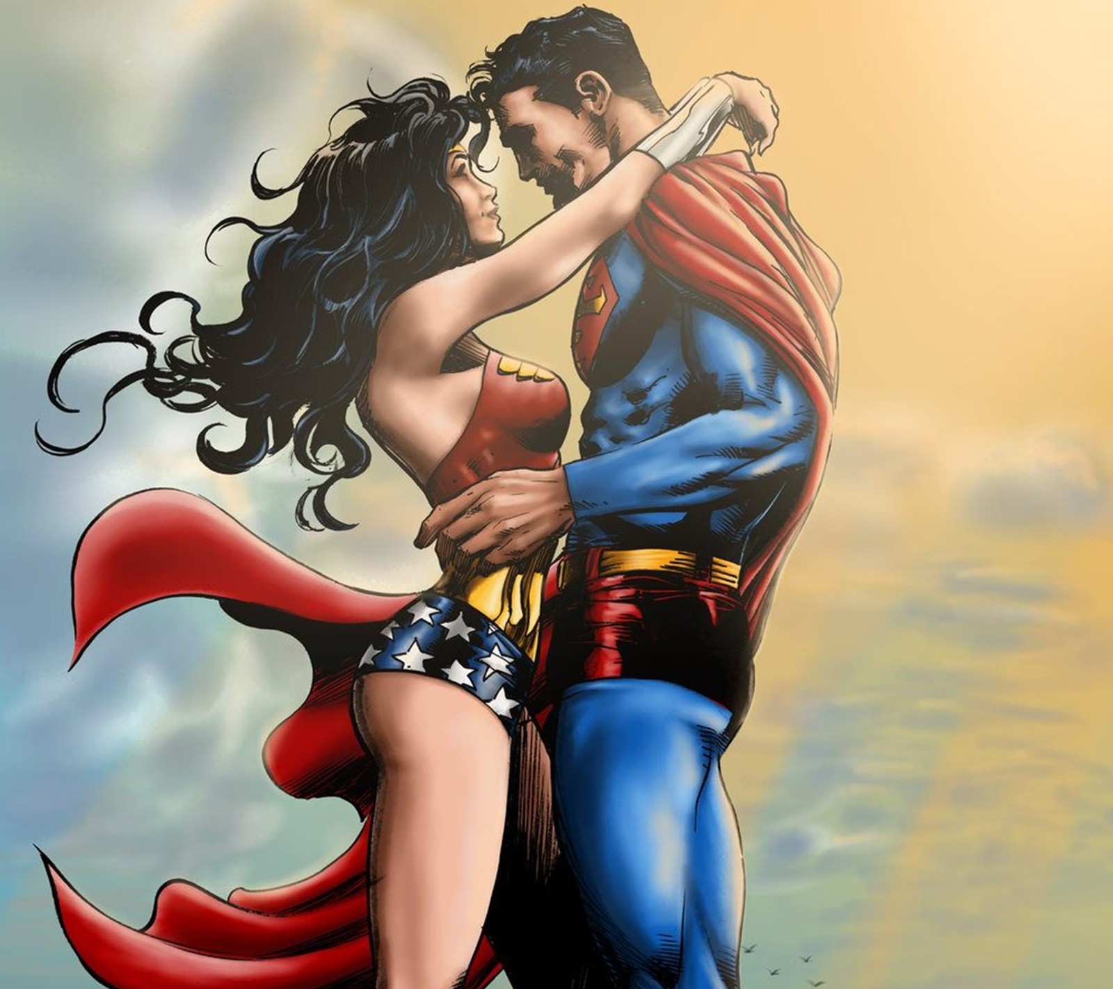 Gros plan de superman et wonder woman s'enlaçant (cartoon, bandes dessinées, dessiné, hollywood, marvel)