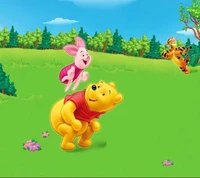 Winnie the Pooh, Leitão e Tigrão desfrutando de um dia alegre no prado