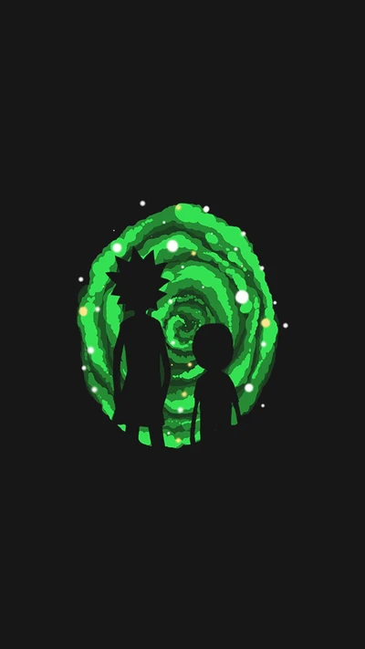 Portal Oscuro Minimalista con Siluetas de Rick y Morty