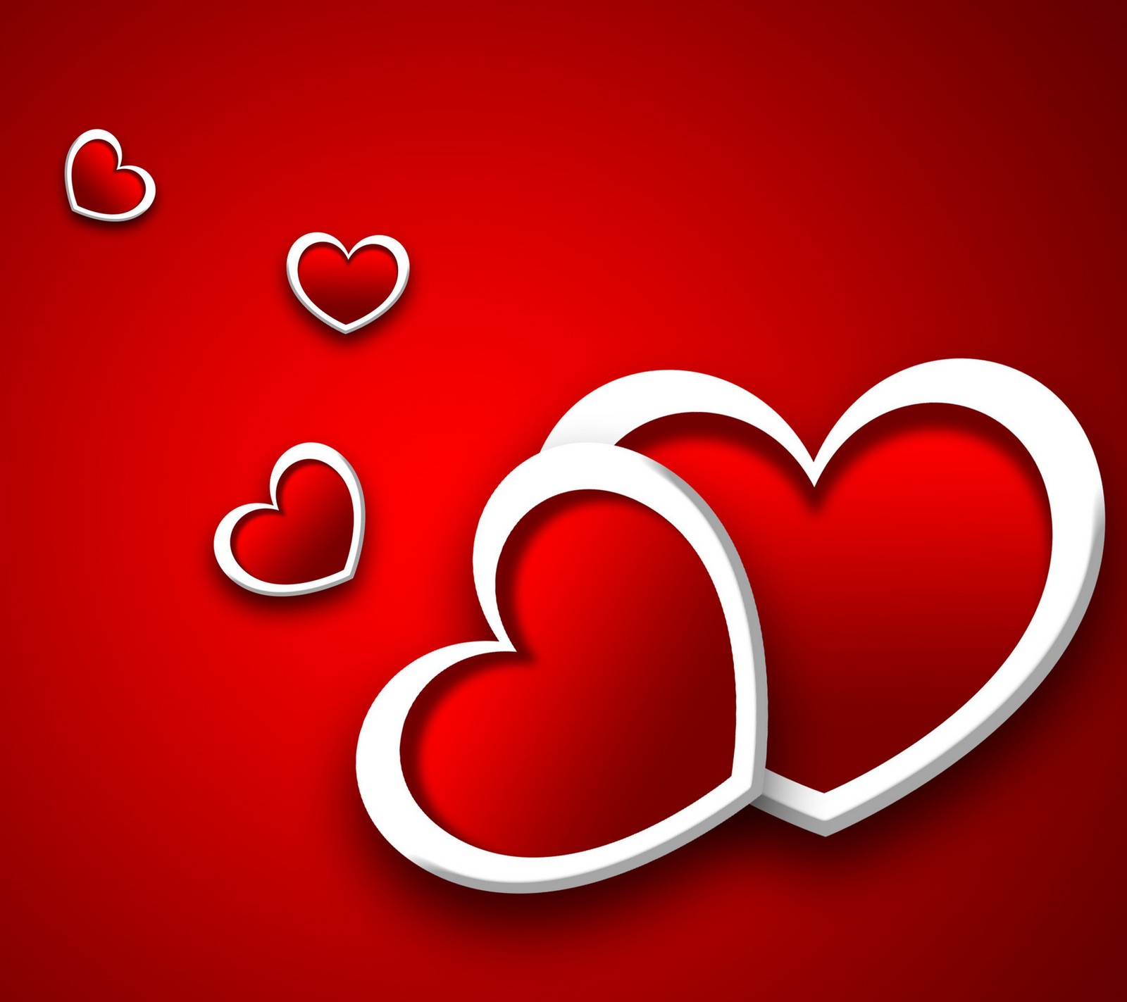 Two hearts on a red background with hearts flying around (abstract, hearts, love, red, valentines day)