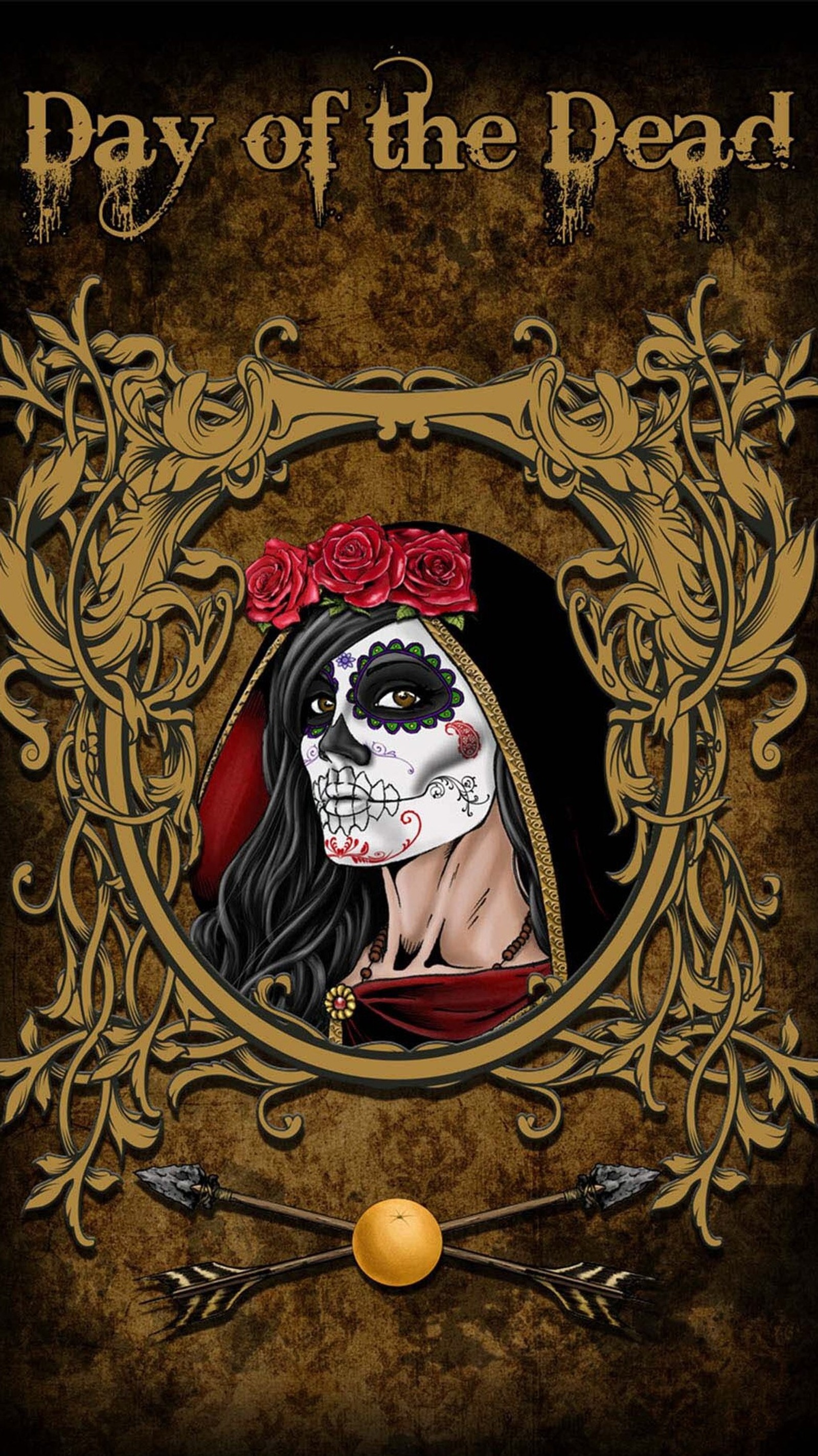 A close up of a woman with a skull face and a rose in her hair (day, of the dead)