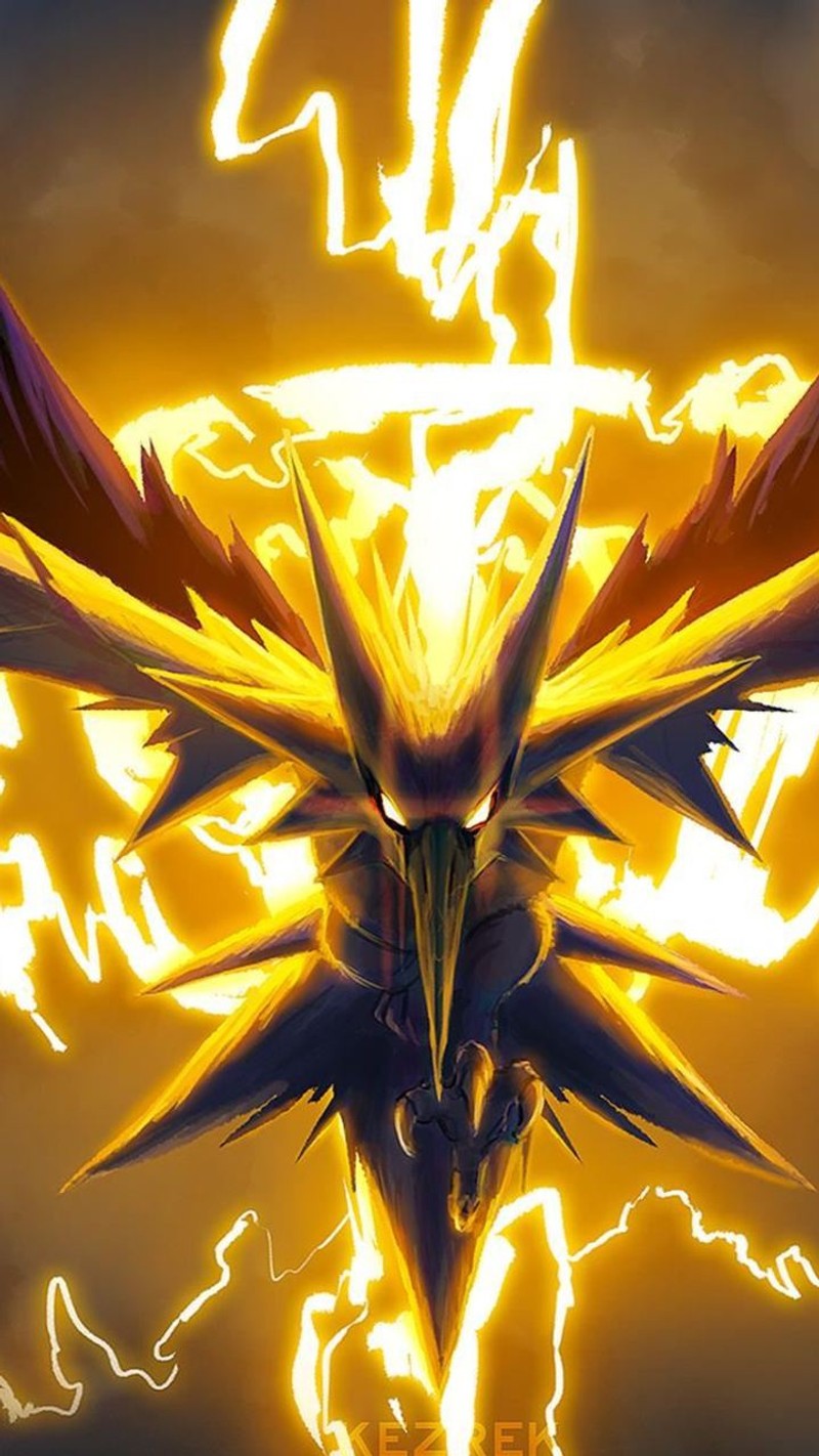 Близкий план персонажа покемона с эффектом молнии (аниме, anime, pokemon, zapdos)