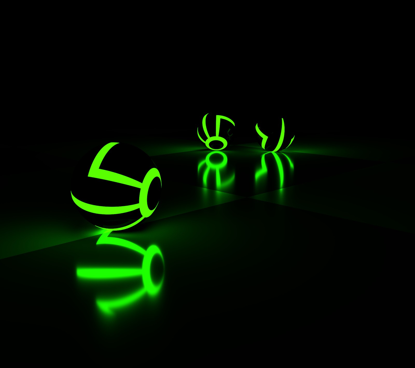 There are three balls that are glowing green in the dark (3d, ball, glow, green, light)