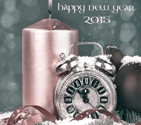 Celebration of New Year 2015 with a Clock, Candle, and Ornaments