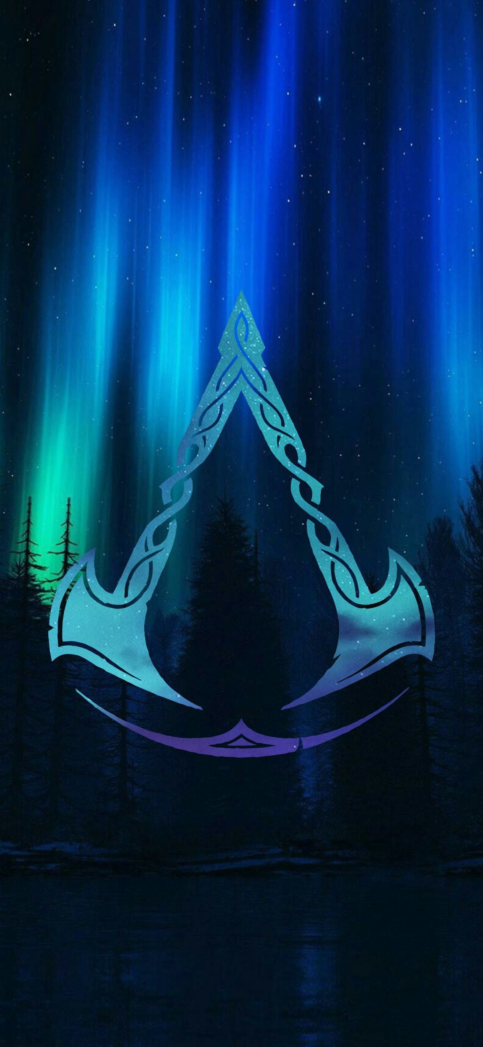 Image d'un triangle avec une aurore verte et bleue derrière (acvalhalla, valhalla)