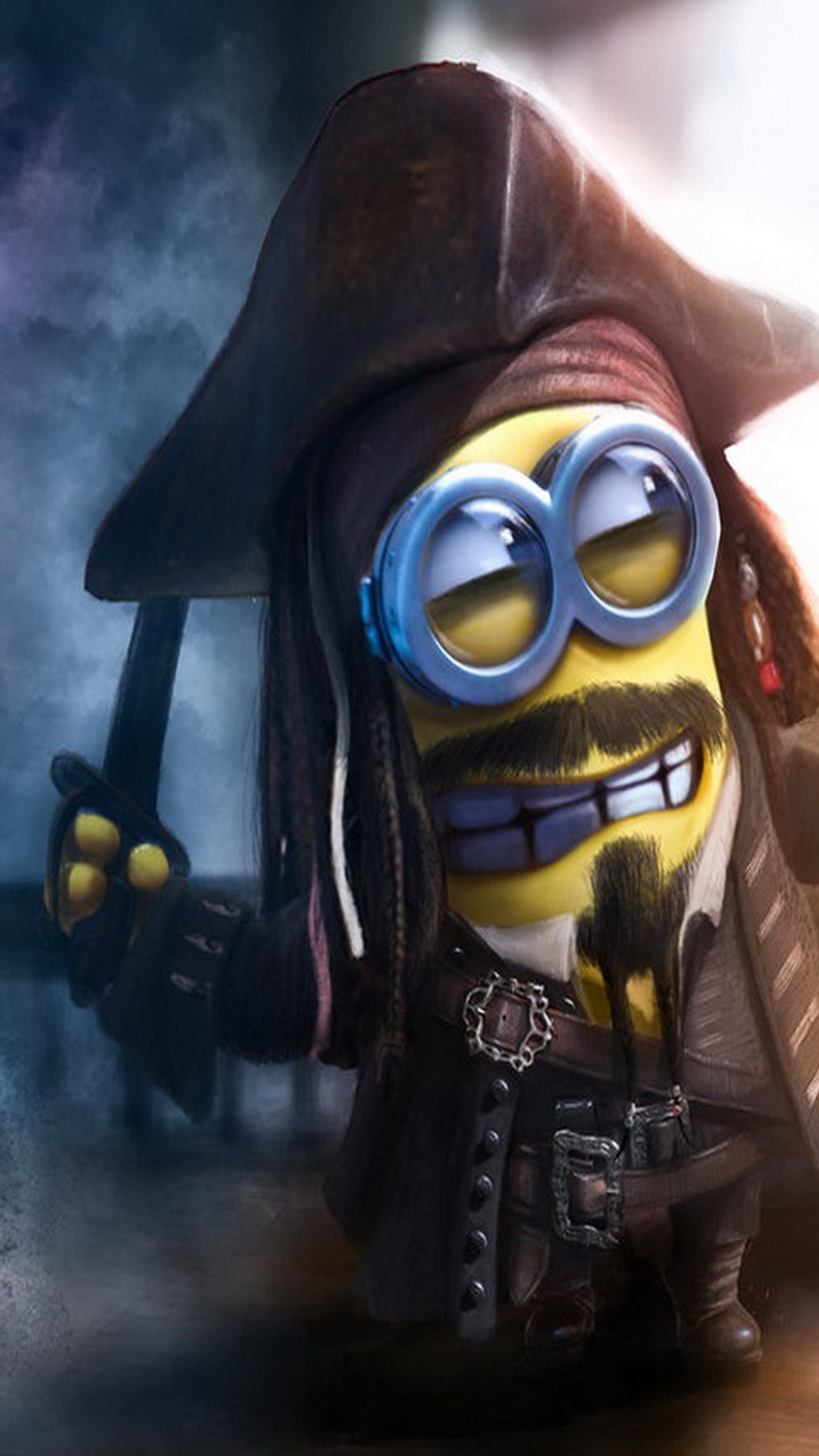 Personaje de caricatura vestido como pirata con espada y parche en el ojo (jack sparrow, minion)