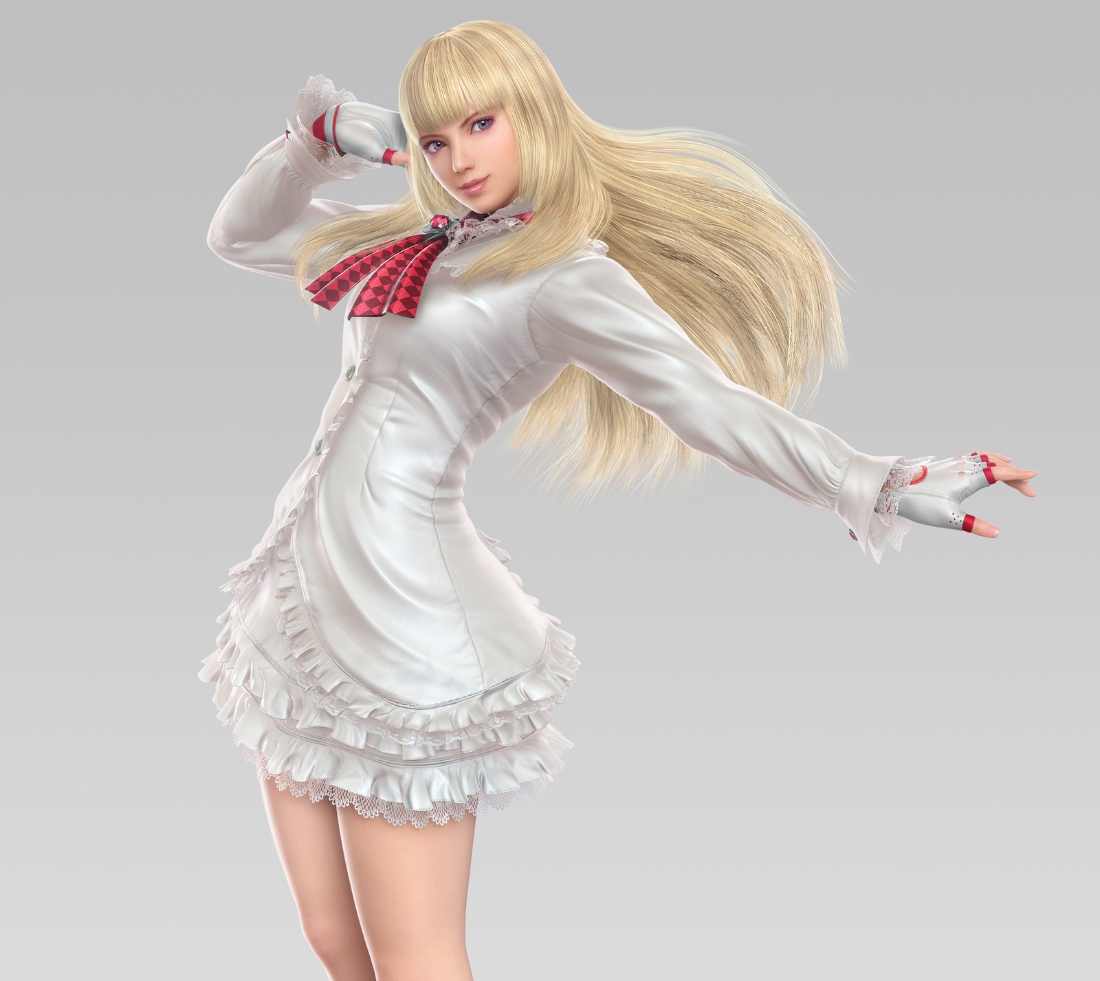 Nahaufnahme einer frau in einem weißen kleid und roten schuhen (lili, tag2, tekken)