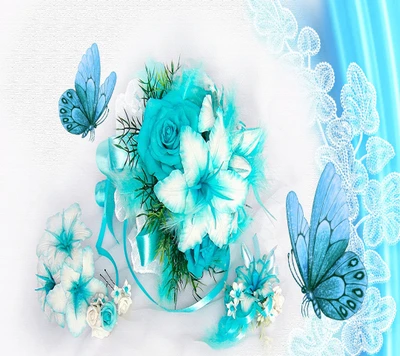 Elegante aqua Blumenarrangement mit Schmetterlingen