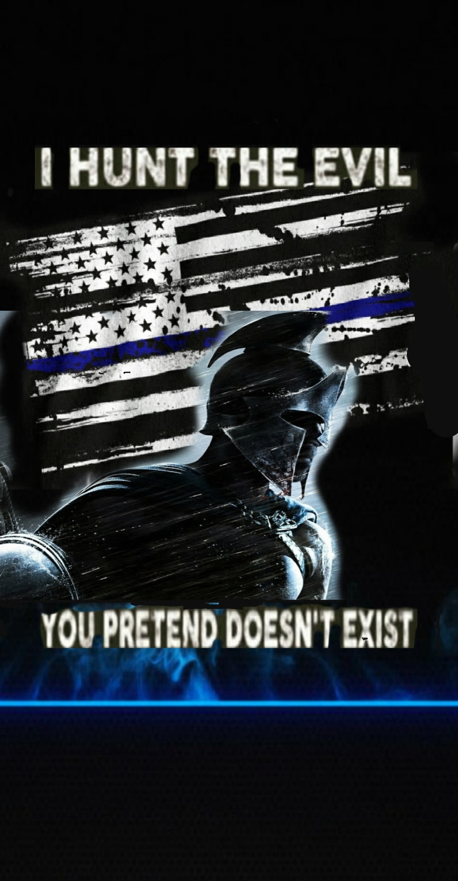 There is a picture of a motorcycle with a thin blue line on it (blue line evil hunter, police, sheriff, thin blue line)