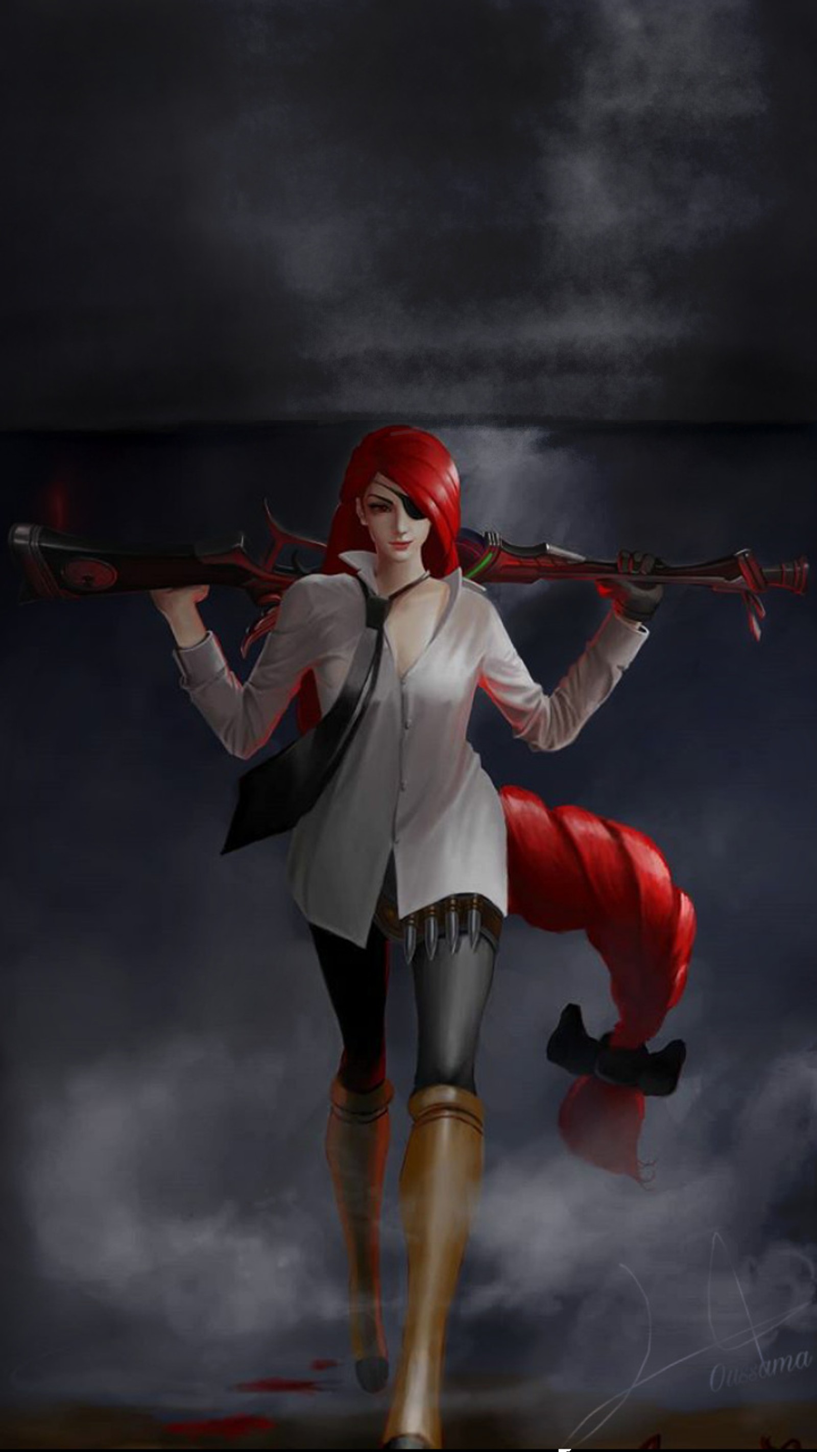 Une femme aux cheveux rouges et à chemise blanche tenant un parapluie rouge (lesley, ml, mlbb, mobile legend bang bang)