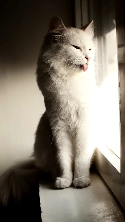 Mignon petit chat blanc se lèche les lèvres de manière espiègle près d'une fenêtre ensoleillée.