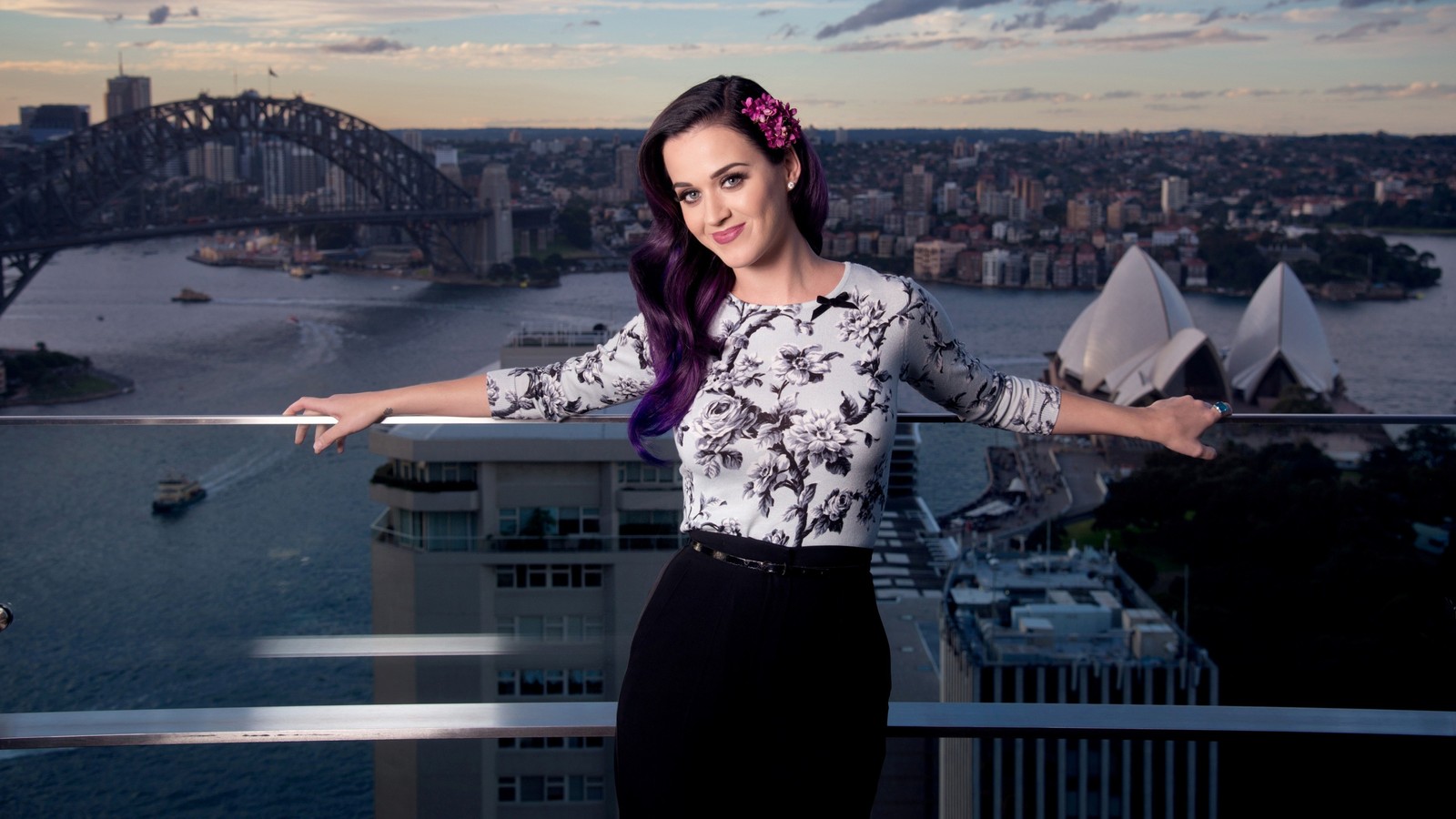 Arafed woman with purple hair standing on balcony overlooking sydney harbour (katy perry, american singer, music, 4k wallpaper)