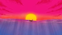 A playful puppy swimming against a vibrant sunset backdrop.