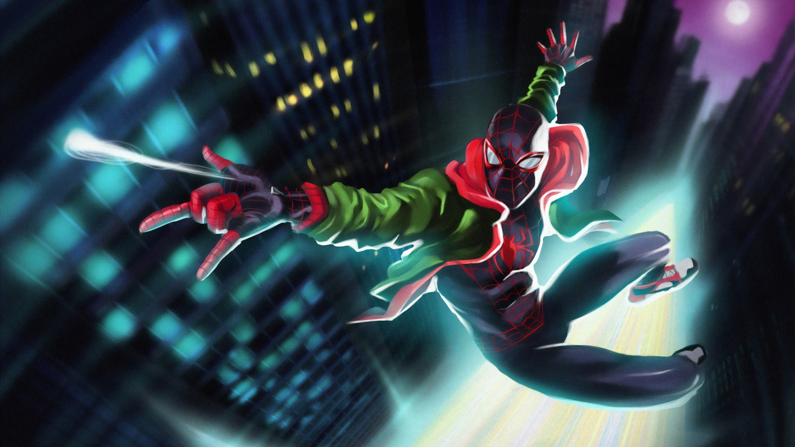 Spider-man dans la ville la nuit (spider man, miles morales, bandes dessinées, marvel comics)