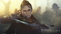 Amicia de Rune poised with a crossbow in a tense moment from "A Plague Tale: Requiem.