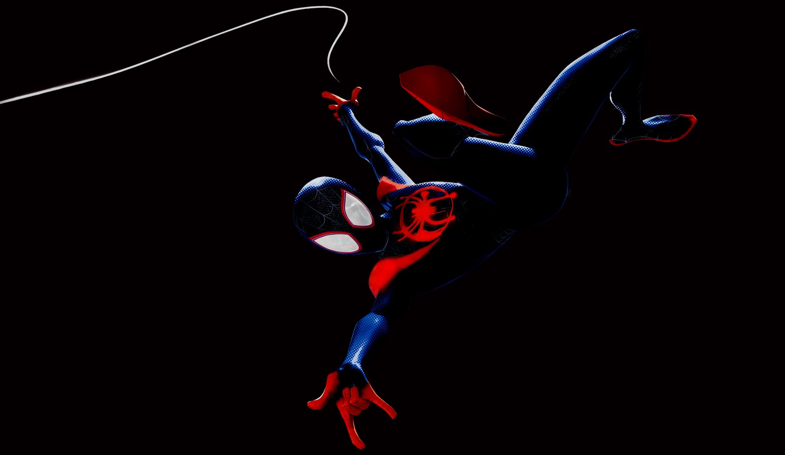 Spider - man in the dark with a rope (miles morales, spider man into the spider verse, black background, 5k, amoled)