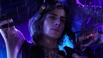 Стилизованный портрет В из Devil May Cry 5 с его демоническим спутником