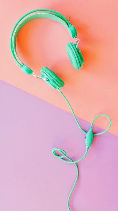 Auriculares verdes menta de moda sobre un fondo vibrante rosa y púrpura