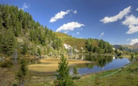 Serener Bergsee spiegelt üppige Wildnis und klaren Himmel wider