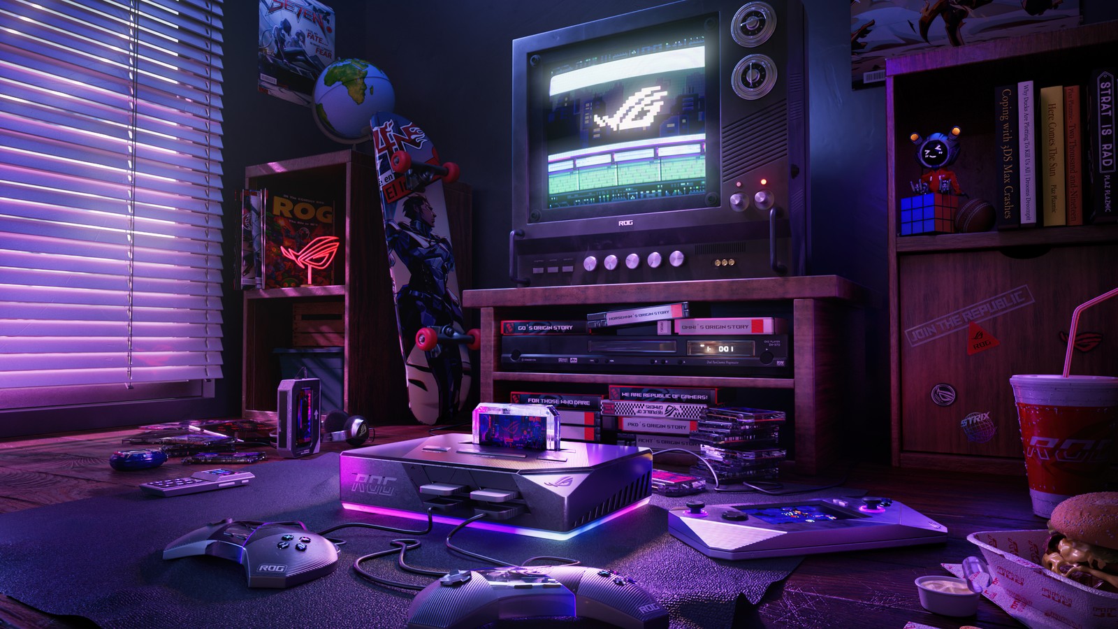 Téléchargez le fond d'écran rétro, salle de jeux, console de jeu, asus rog, republic of gamers