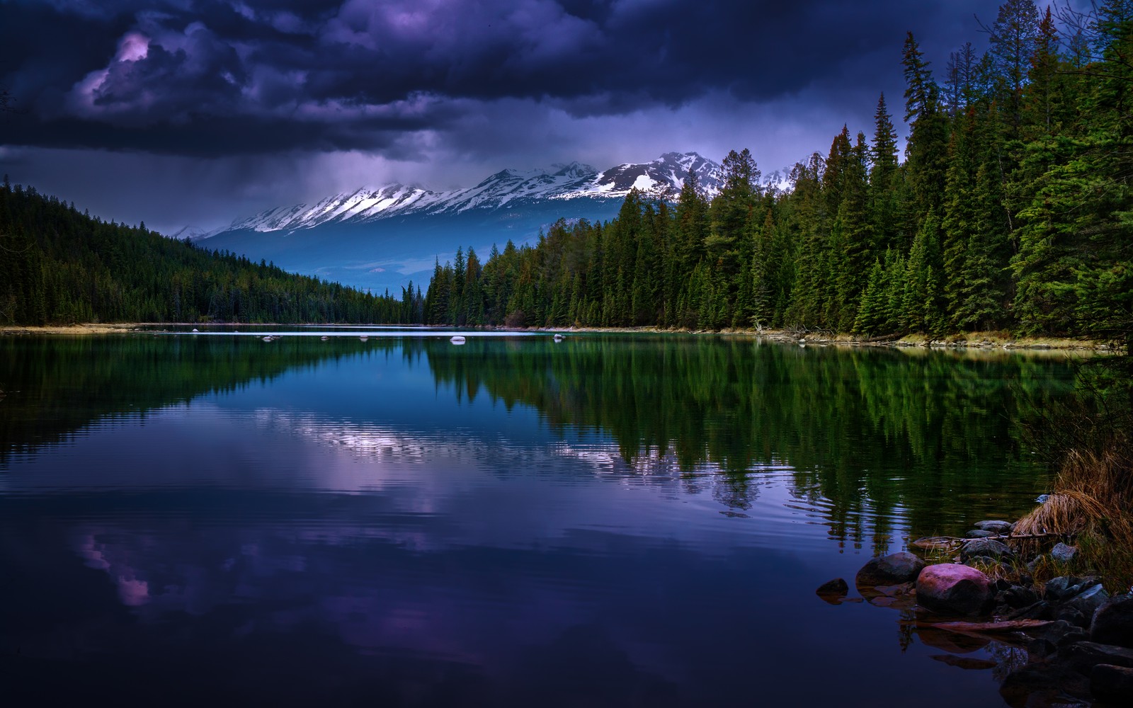 Montagne arabe au loin avec un lac et une forêt au premier plan (valley of the five lakes, first lake, canada, parc national jasper, jasper national park)