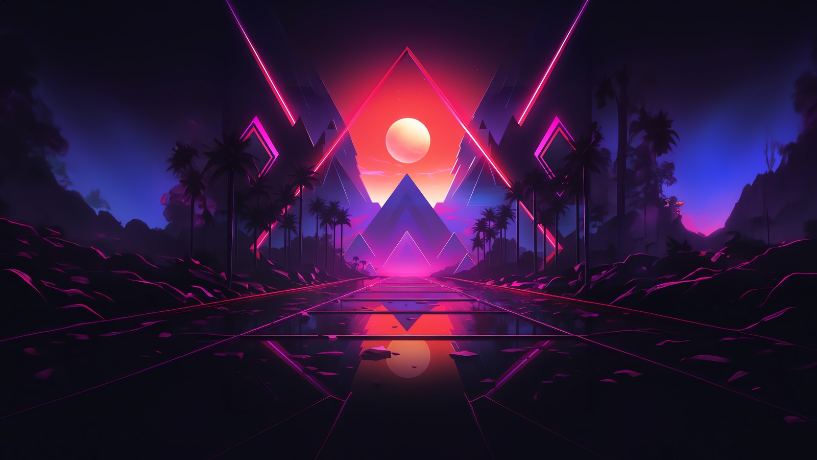 Un paisaje futurista con un triángulo rosa y morado brillante (retrowave, synthwave, luna, camino, árbol de palma)