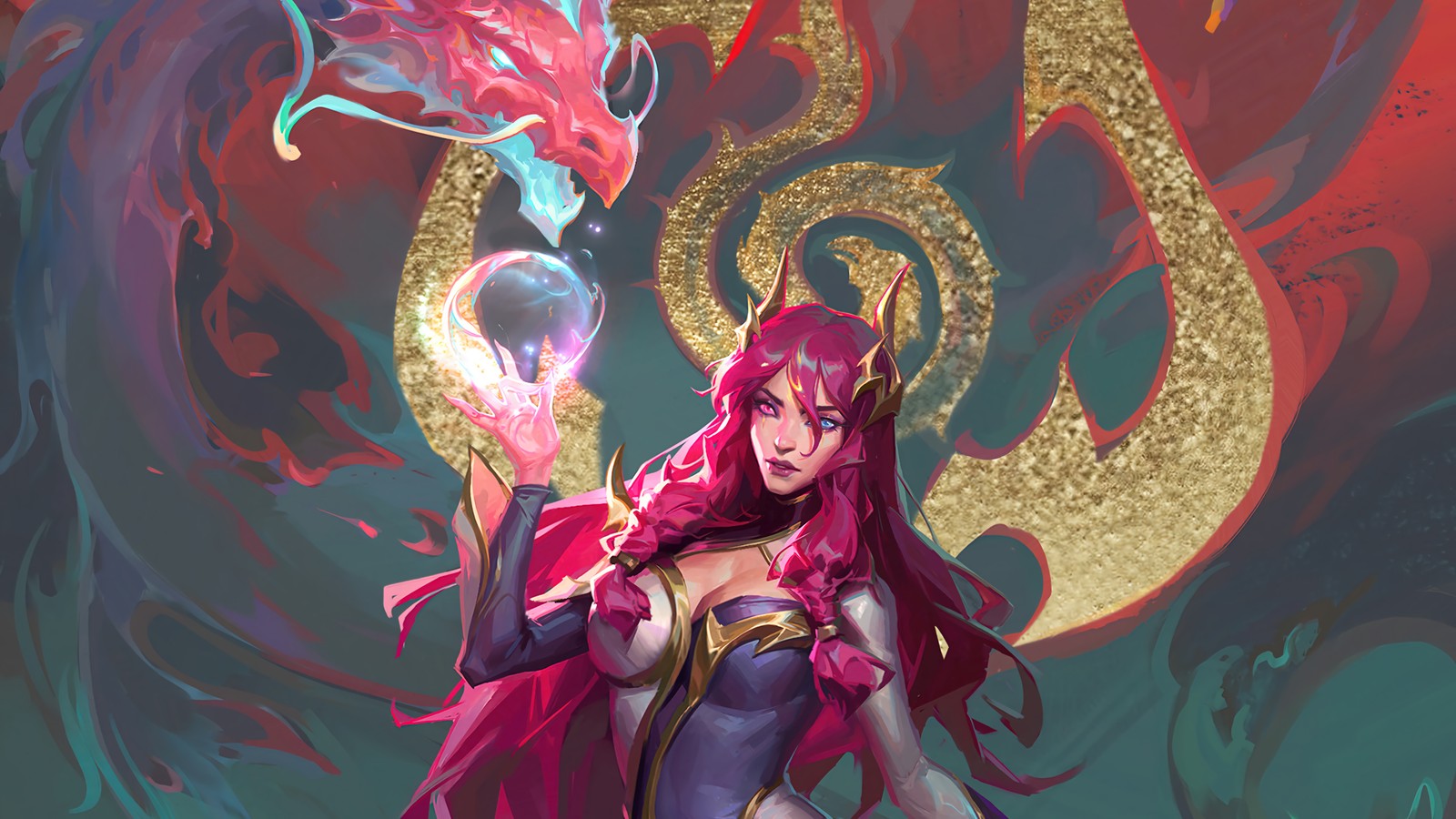 Femme en robe violette tenant une boule de cristal (karma, dragon de la tranquillité, dragonmancien, lol, league of legends)