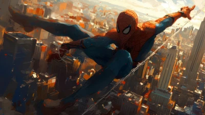 Spider-Man se balançant à travers un paysage urbain vibrant