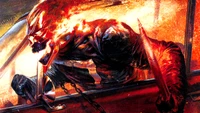 Robbie Reyes en tant que Ghost Rider dans une pose dynamique et enflammée, émergeant d'une voiture avec des chaînes et des flammes.