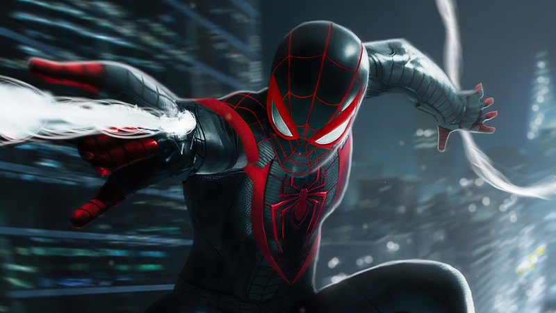 Человек-паук в черном костюме с красными и белыми полосами (marvels spider man miles morales, ps5, playstation 5, видеоигра, веб стрельба)