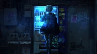 Nazuna Nanakusa from "Call of the Night" standing in a dimly lit alley beside a glowing vending machine.