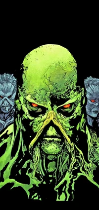 Swamp Thing: Eine auffällige Illustration des ikonischen DC Comics Charakters, die lebendige grüne Farbtöne und unheimliche rote Augen vor einem dunklen Hintergrund zeigt, umgeben von schattenhaften Figuren, die das Wesen der Comic-Kunst und des Übernatürlichen verkörpern.