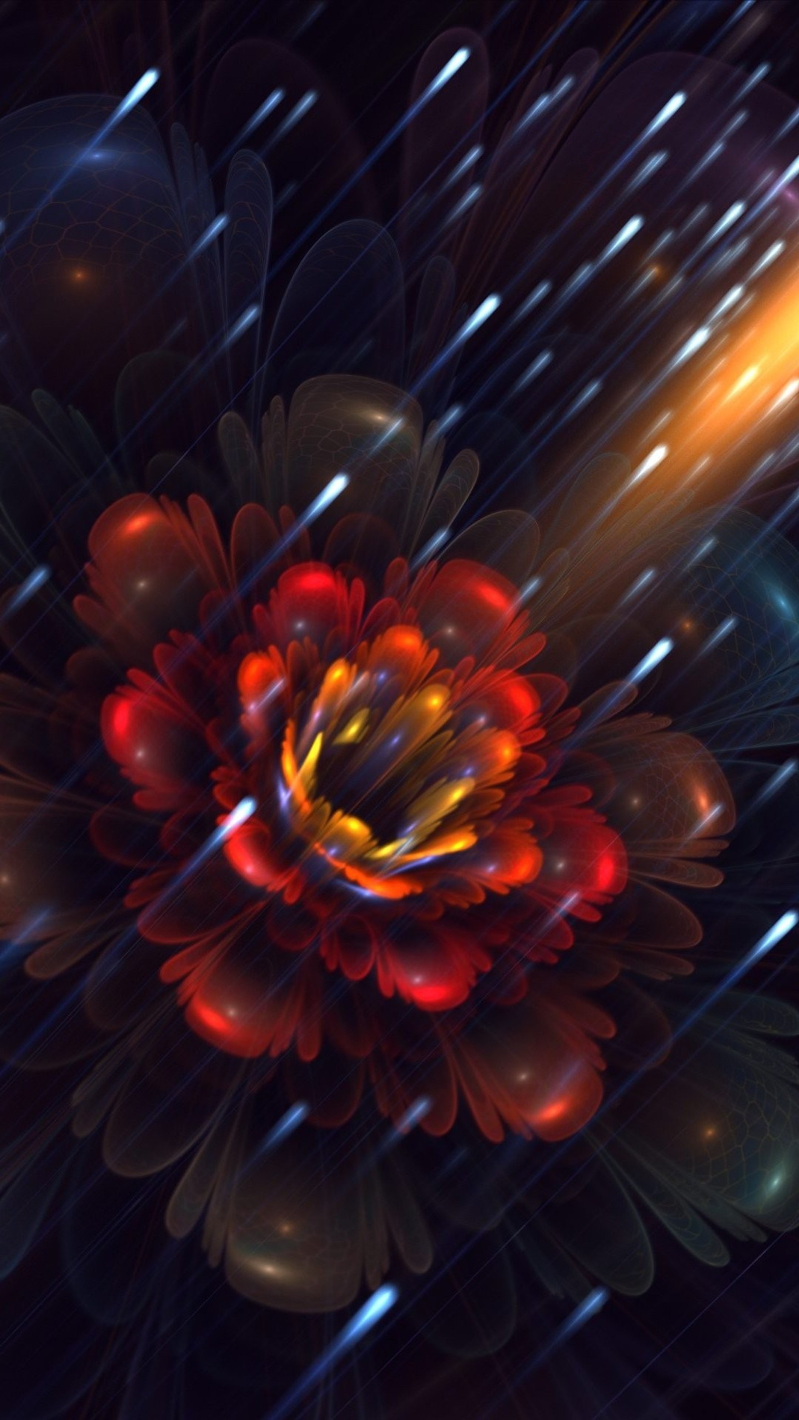 Hay una flor en el medio de un campo (arte fractal, rojo, ligero, naranja, arte)