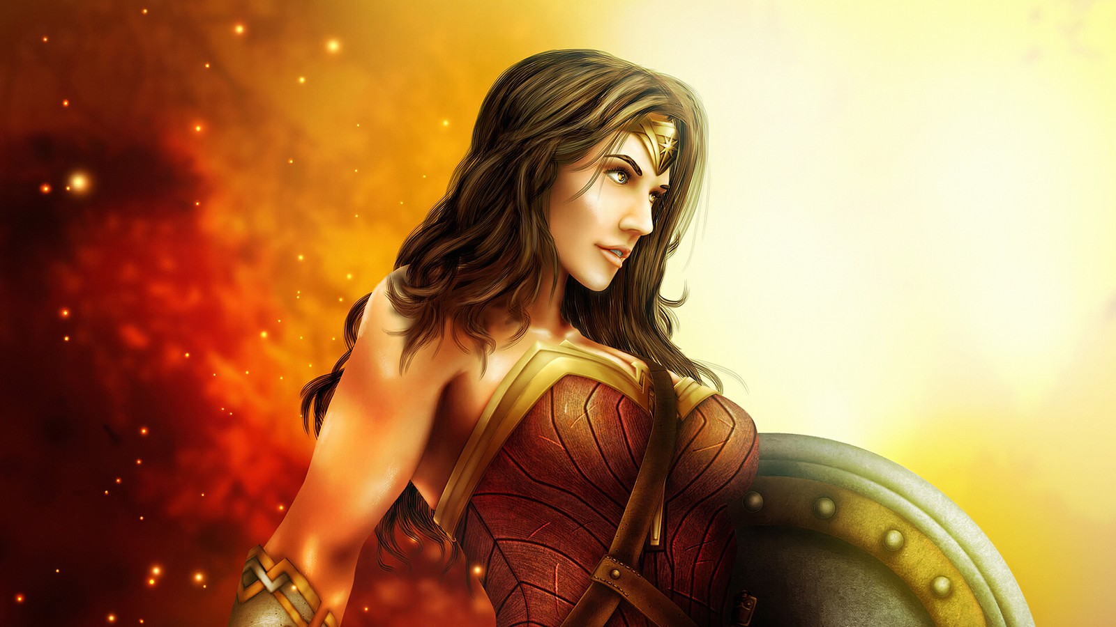 Wonder wonder woman with shield and sword in fire (wonder woman, art, superhero, justice league, long hair)